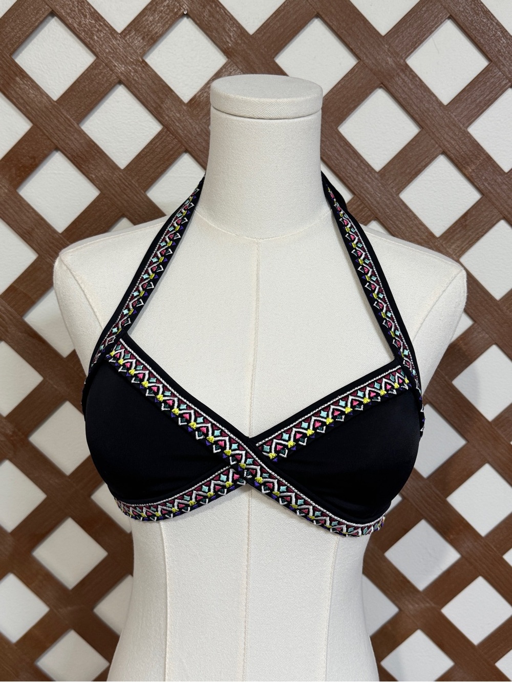 WSM18 {PINK Victoria's Secret} Black Contrast Trim Halter Tie Neck Bikini Top